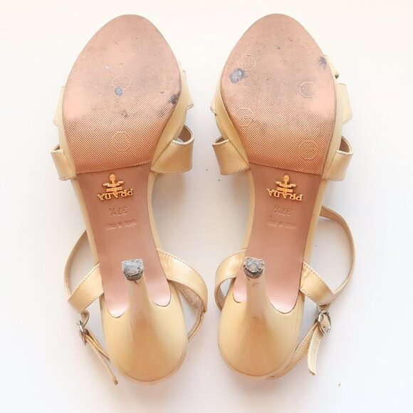Prada Pale Yellow Patent Leather Strappy Platform Heels Sandals w Bow Size 7.5 - Picture 7 of 16